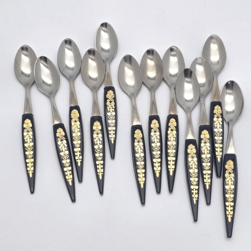 Vintage Demi Dessert Spoons Set 12 Stainless Japan Black Floral MCM Flatware